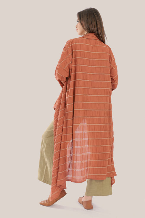 Striped coat with draped collar and long sleeves